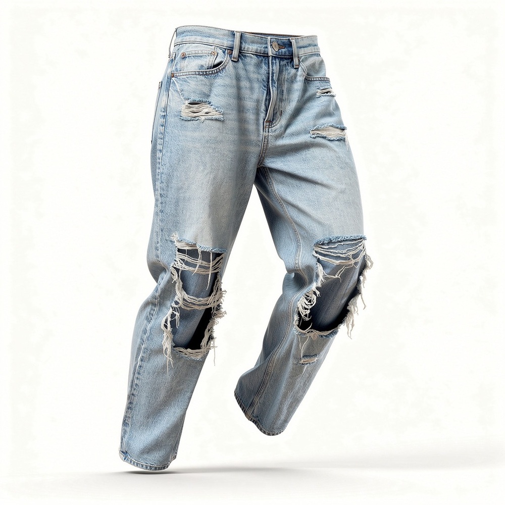 American Eagle Womens Distressed Ripped Jeans With Fringe Light Blue X-Long Casu